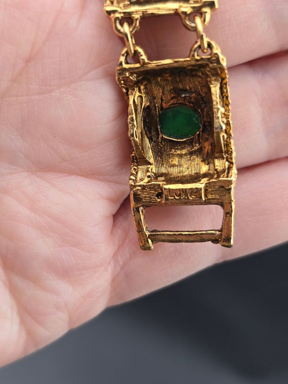 Vintage LJM Laurentian Link Etruscan Bracelet Gold Tone Green Cabochons 6.25" - Picture 6 of 8